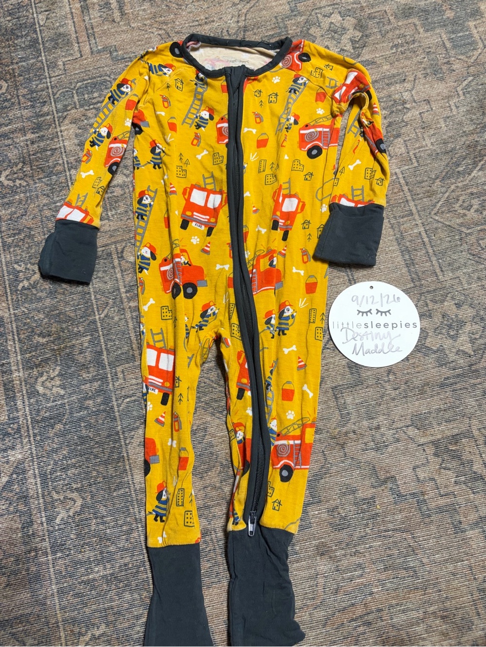 Little Sleepies Yellow Firetruck & Firefighter Print Footed One-Piece